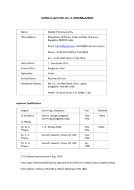 CURRICULUM VITAE of H. R. KRISHNAMURTHY