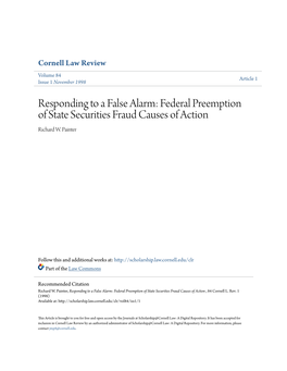 Responding to a False Alarm: Federal Preemption of State Securities Fraud Causes of Action Richard W