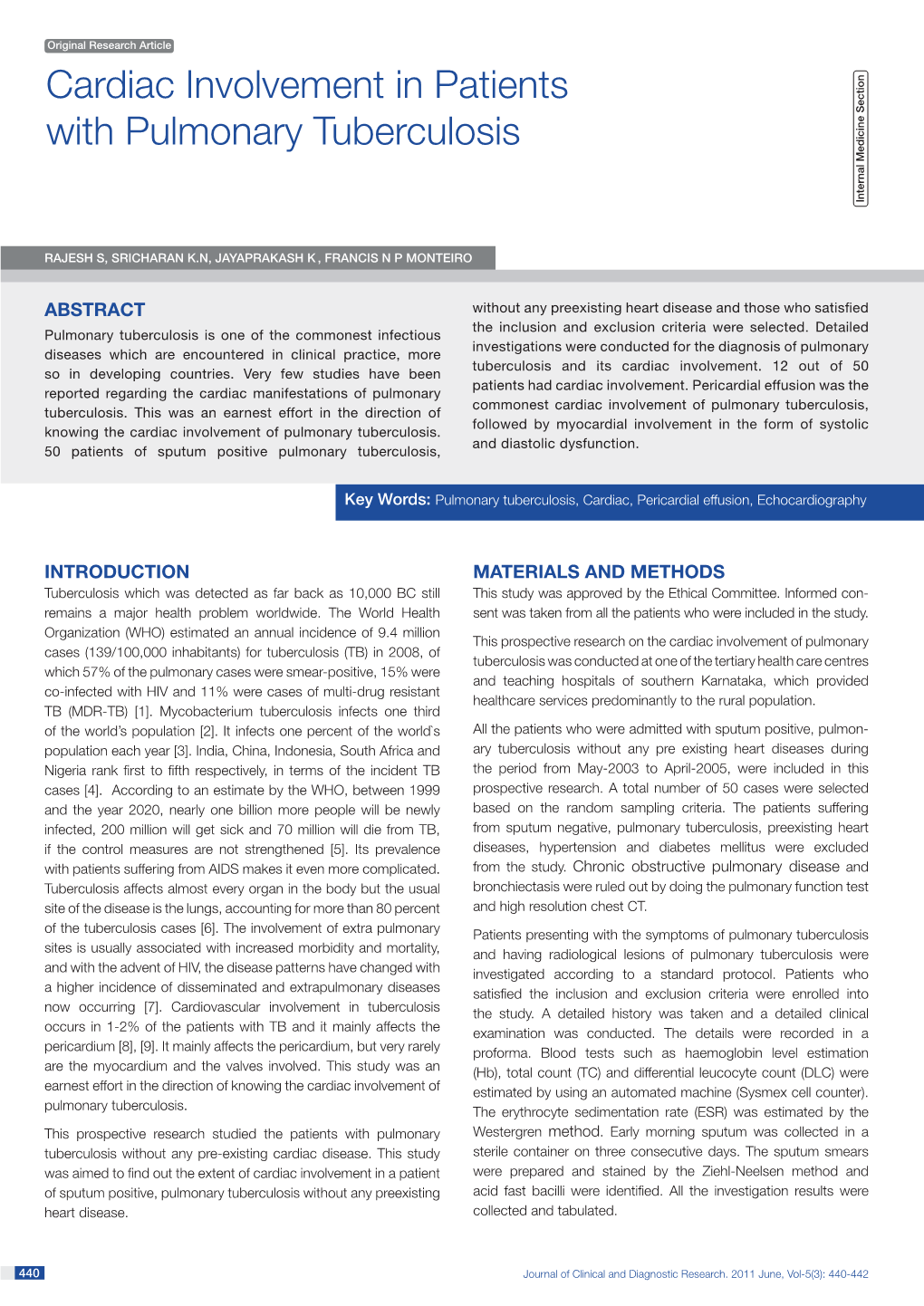 Cardiac Involvement in Patients with Pulmonary Tuberculosis I Nternal Medicine S Ection