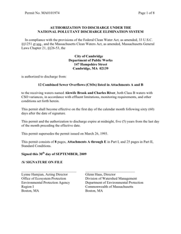 City of Cambridge Csos, Final Permit, MA0101974, 09/30/2009