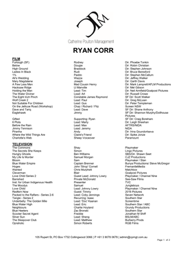 RYAN CORR Theatrical Resume