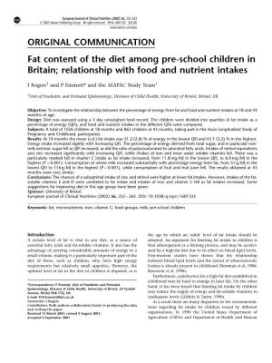 Fat Content of the Diet Among Pre-School Children in Britain; Relationship with Food and Nutrient Intakes