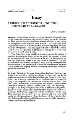 Essay a FRESH LOOK at TESTS for NONLITERAL COPYRIGHT INFRINGEMENT