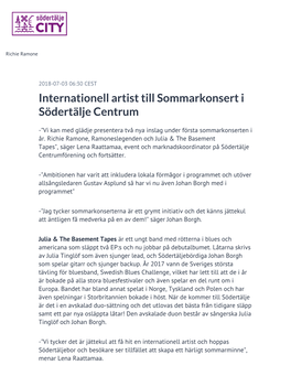 Internationell Artist Till Sommarkonsert I Södertälje Centrum