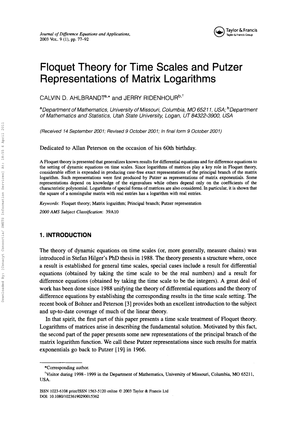 Floquet Theory for Time Scales and Putzer Representations of Matrix Logarithms