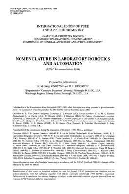 NOMENCLATURE in LABORATORY ROBOTICS and AUTOMATION (IUPAC Recommendations 1994)