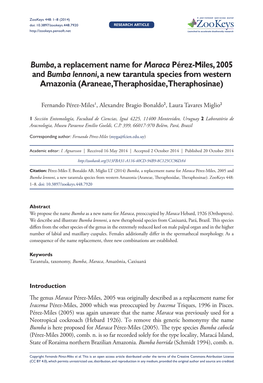 Bumba, a Replacement Name for Maraca Pérez-Miles, 2005 and Bumba Lennoni, a New Tarantula Species from Western Amazonia (Araneae, Theraphosidae, Theraphosinae)