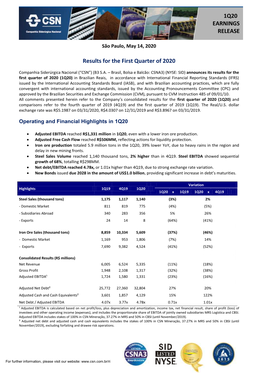 1Q20 EARNINGS RELEASE Results for the First Quarter of 2020