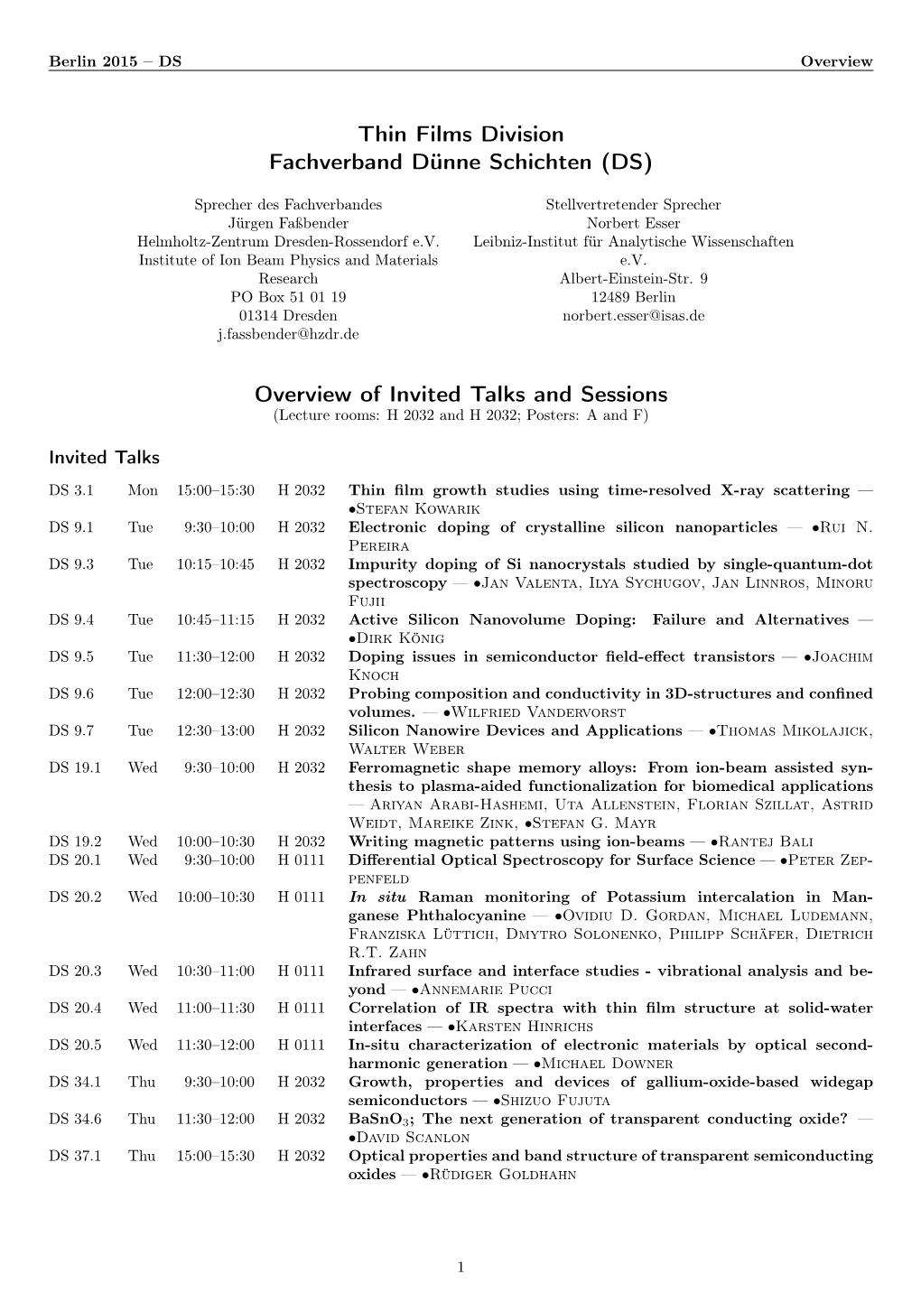 Thin Films Division Fachverband Dünne Schichten (DS) Overview Of