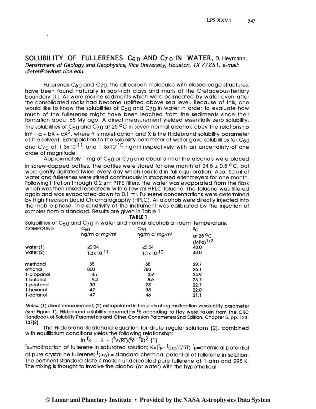 SOLUBILITY of FULLERENES C6o and C7 0 in WATER, D