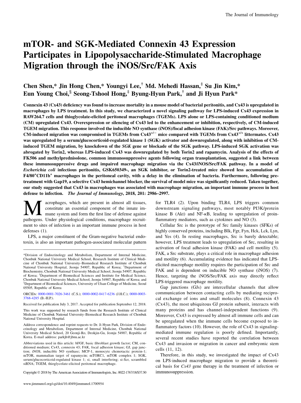 Mtor- and SGK-Mediated Connexin 43 Expression Participates in Lipopolysaccharide-Stimulated Macrophage Migration Through the Inos/Src/FAK Axis