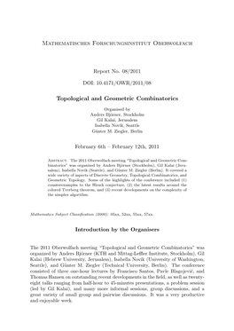 Mathematisches Forschungsinstitut Oberwolfach Topological and Geometric Combinatorics