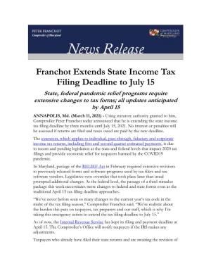Franchot Extends State Income Tax Filing Deadline to July 15