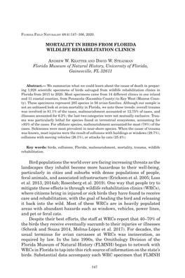 Mortality in Birds from Florida Wildlife Rehabilitation Clinics Florida