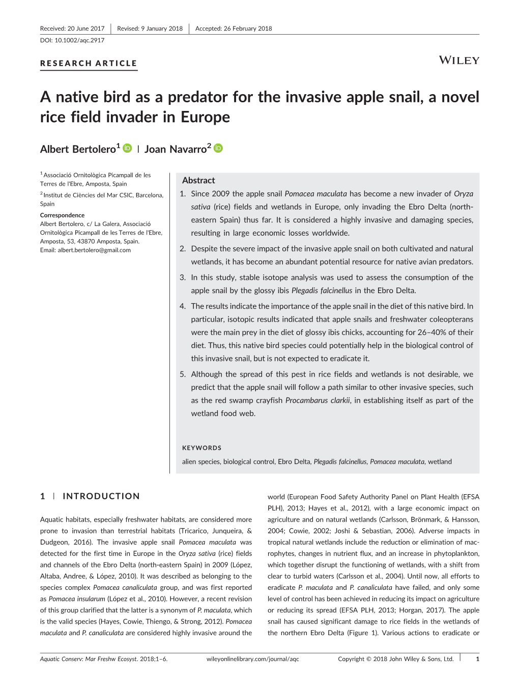 A Native Bird As a Predator for the Invasive Apple Snail, a Novel Rice Field Invader in Europe