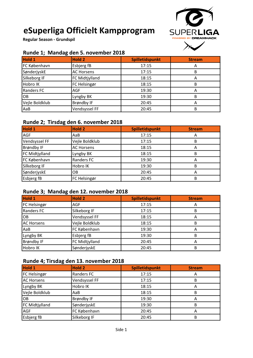 Esuperliga Officielt Kampprogram Regular Season - Grundspil