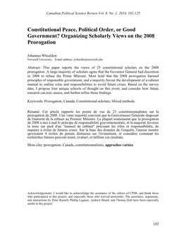 Constitutional Peace, Political Order, Or Good Government? Organizing Scholarly Views on the 2008 Prorogation