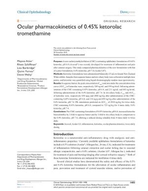Ocular Pharmacokinetics of 0.45% Ketorolac Tromethamine