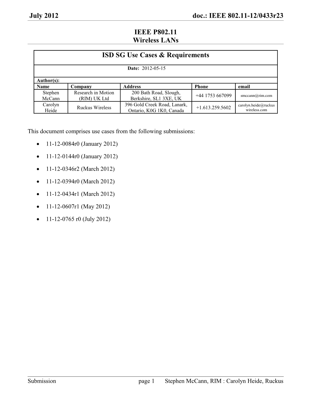 This Document Comprises Use Cases from the Following Submissions