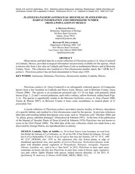 Plateilema Palmeri (Asteraceae: Helenieae: Plateileminae): Habitat Information and Chromosome Number from a Population in Mexico