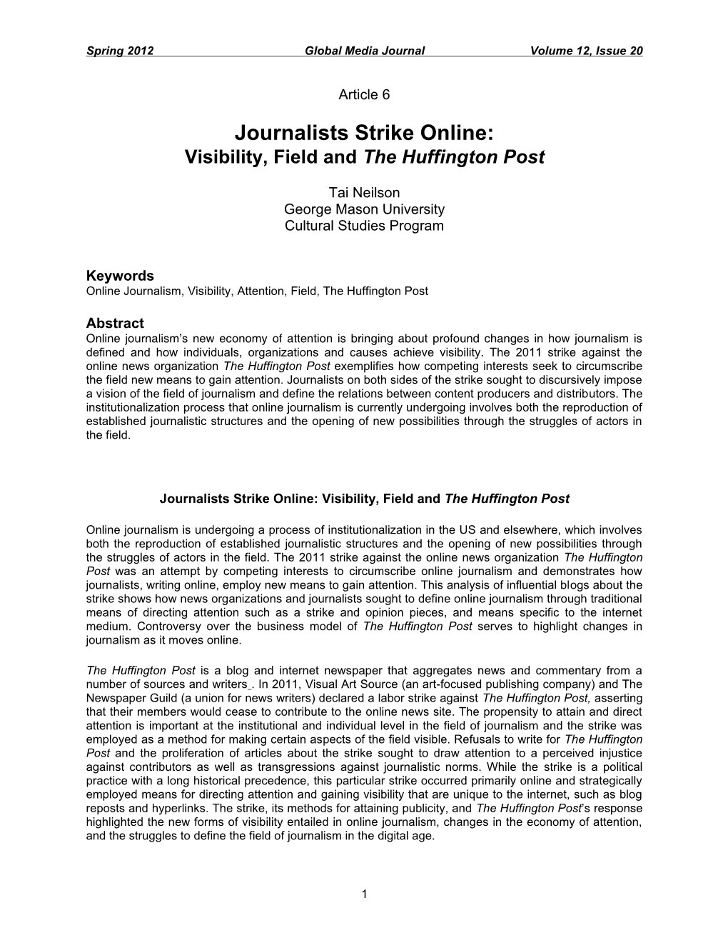 Journalists Strike Online: Visibility, Field and the Huffington Post