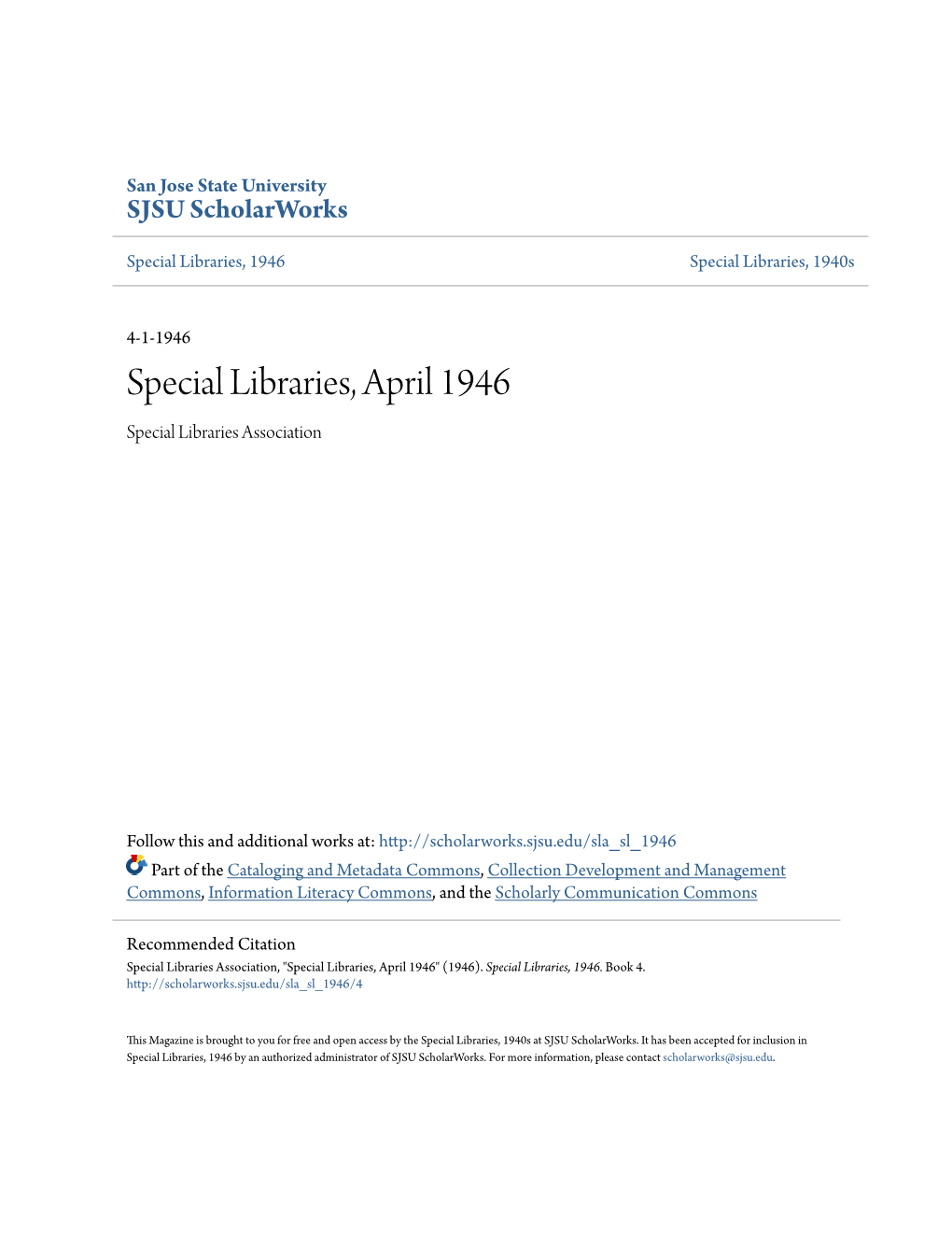 Special Libraries, April 1946 Special Libraries Association