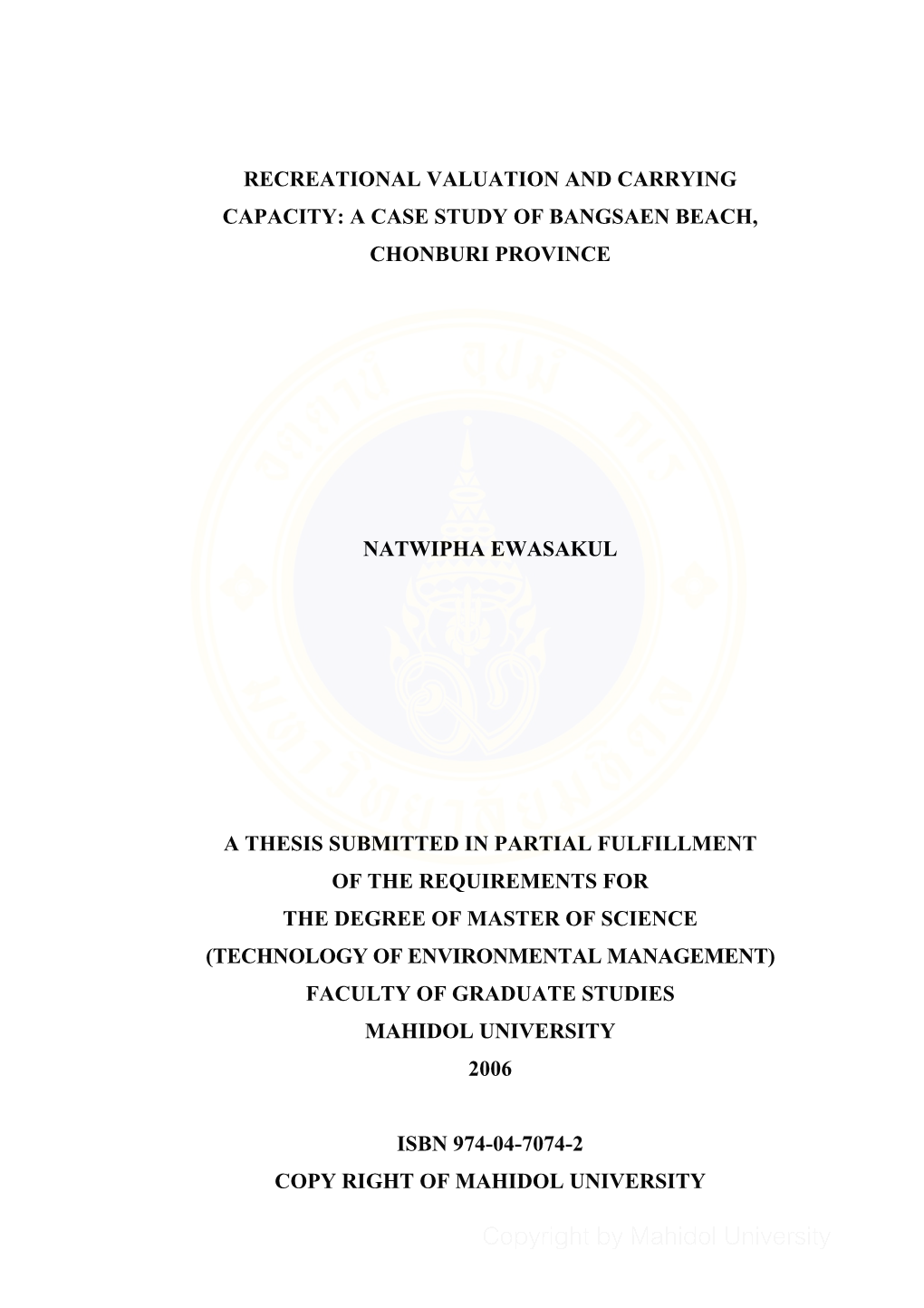 Recreational Valuation and Carrying Capacity: a Case Study of Bangsaen Beach, Chonburi Province