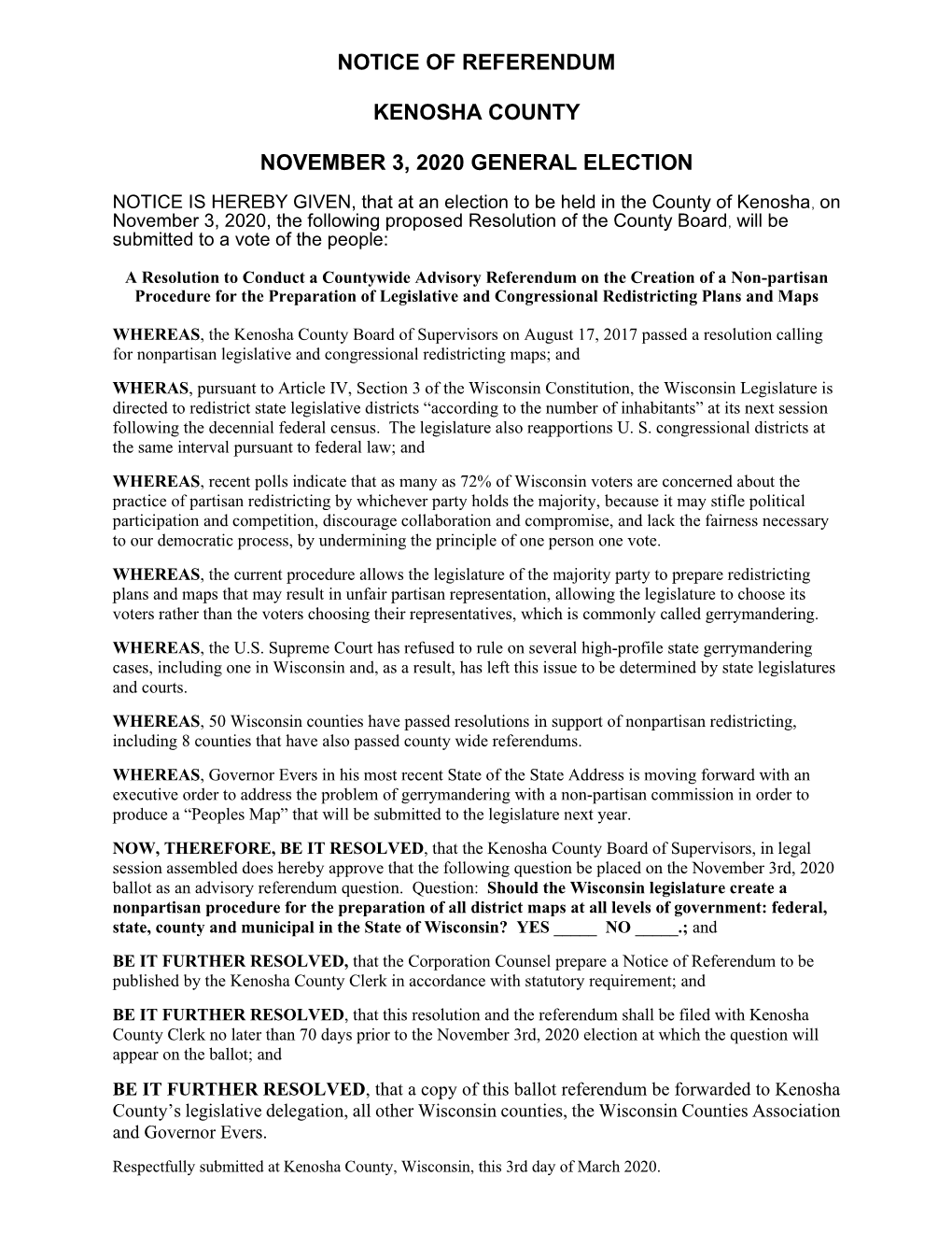 Notice of Referendum Kenosha County November 3, 2020 General Election