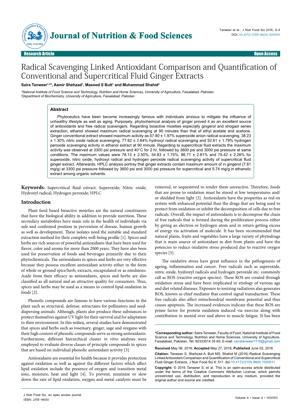 Radical Scavenging Linked Antioxidant Comparison and Quantification of Conventional and Supercritical Fluid Ginger Extracts