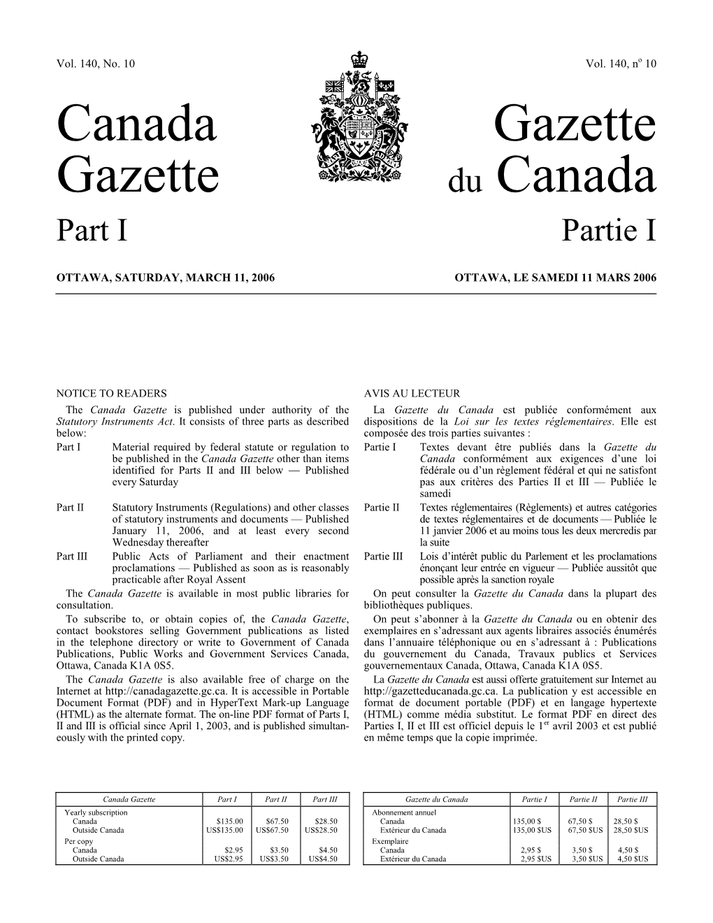 Canada Gazette, Part I, January 31, 1998 1 Supplément, Gazette Du Canada, Partie I, 31 Janvier 1998