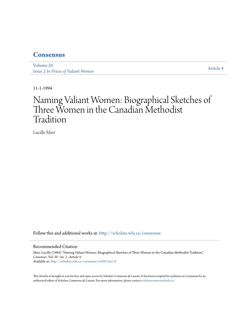 Naming Valiant Women: Biographical Sketches of Three Women in the Canadian Methodist Tradition Lucille Marr