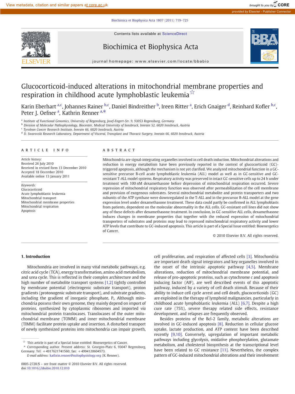 Glucocorticoid-Induced Alterations in Mitochondrial Membrane Properties and Respiration in Childhood Acute Lymphoblastic Leukemia☆