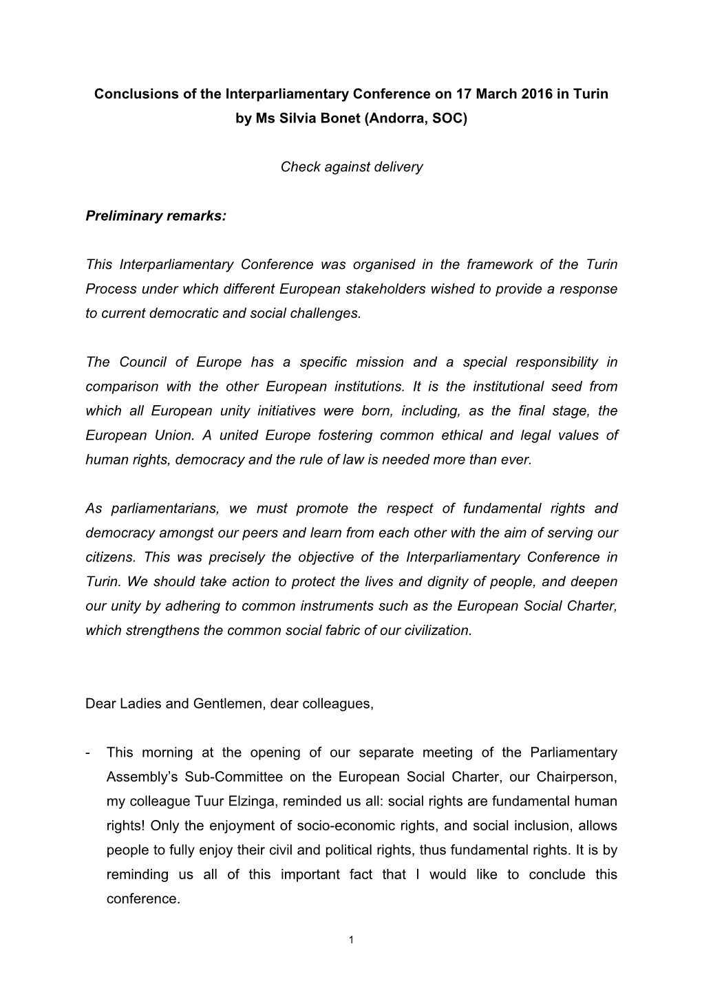 Conclusions of the Interparliamentary Conference on 17 March 2016 in Turin by Ms Silvia Bonet (Andorra, SOC)