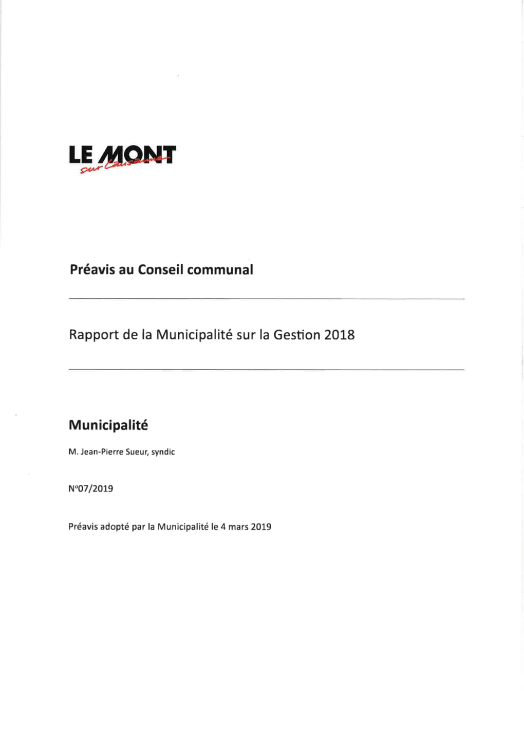 Rapport De La Municipalité Sur La Gestion 2OL8 M U Nicipalité