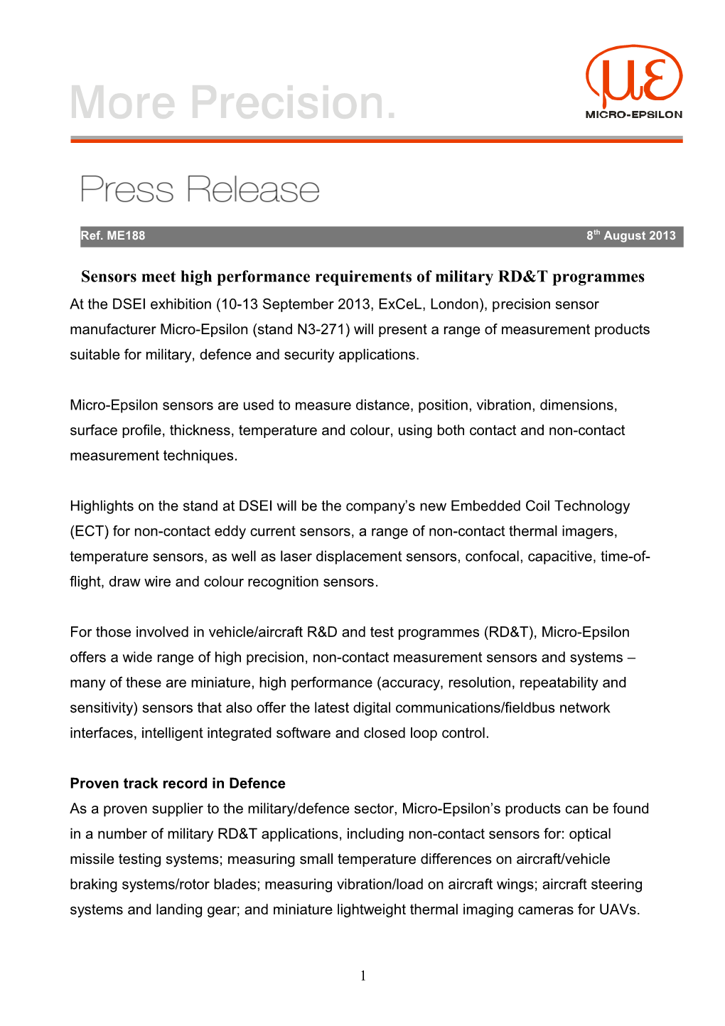 Sensors Meet High Performance Requirements of Military RD&T Programmes