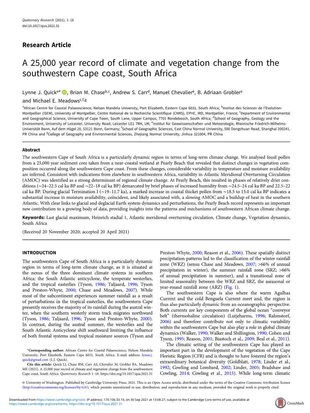 A 25,000 Year Record of Climate and Vegetation Change from the Southwestern Cape Coast, South Africa