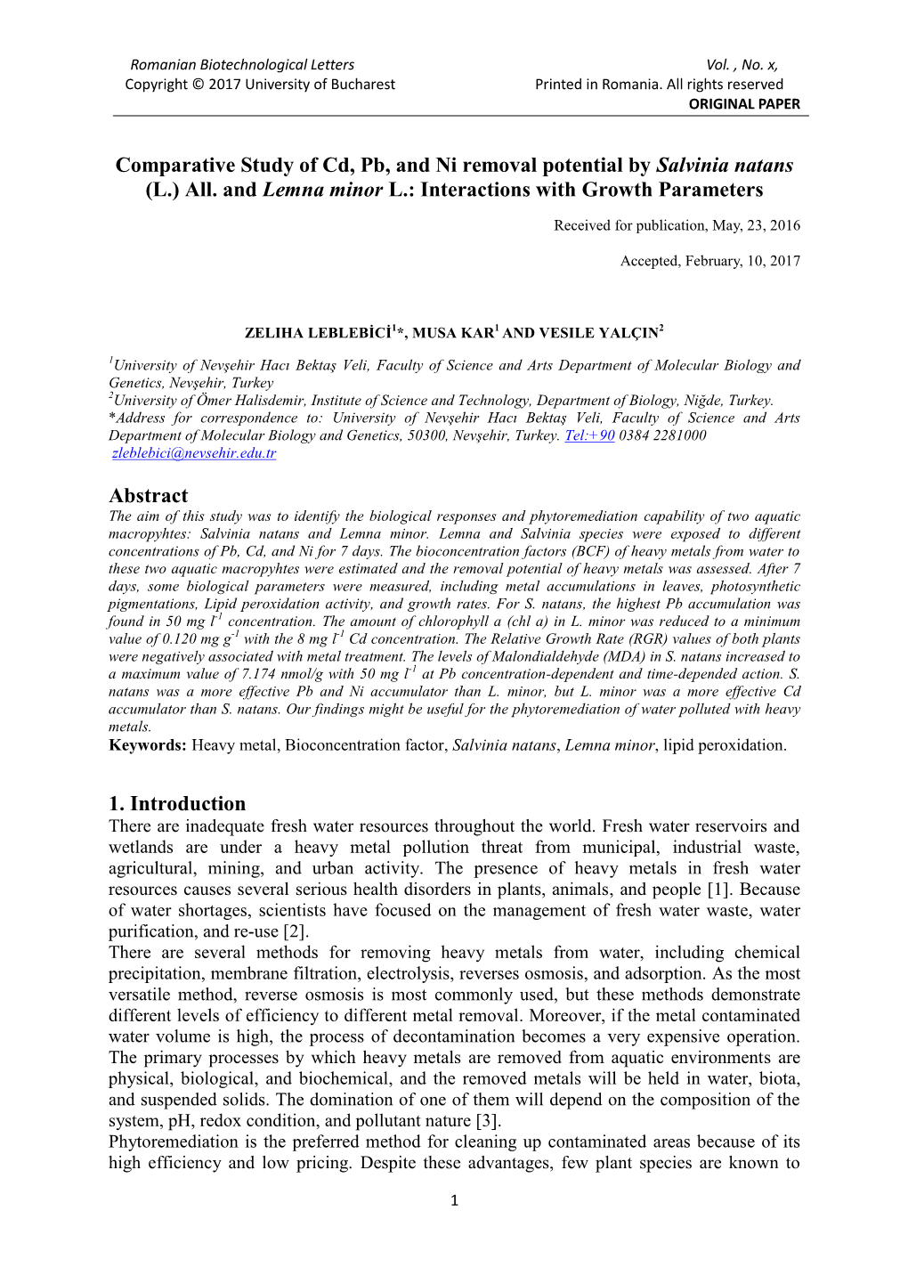 Comparative Study of Cd, Pb, and Ni Removal Potential by Salvinia Natans (L.) All