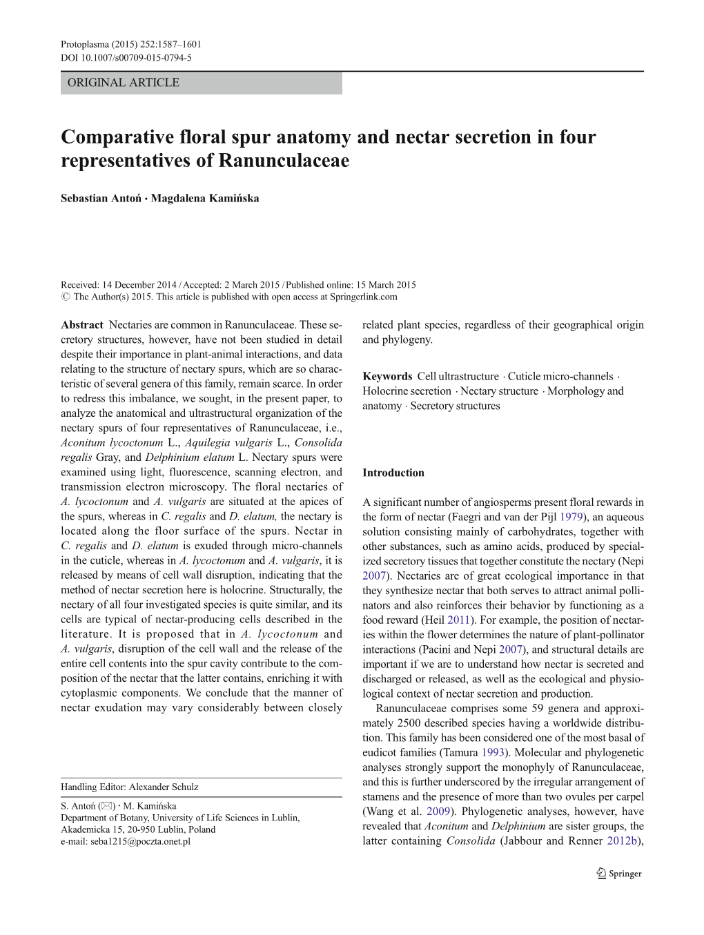 Comparative Floral Spur Anatomy and Nectar Secretion in Four Representatives of Ranunculaceae