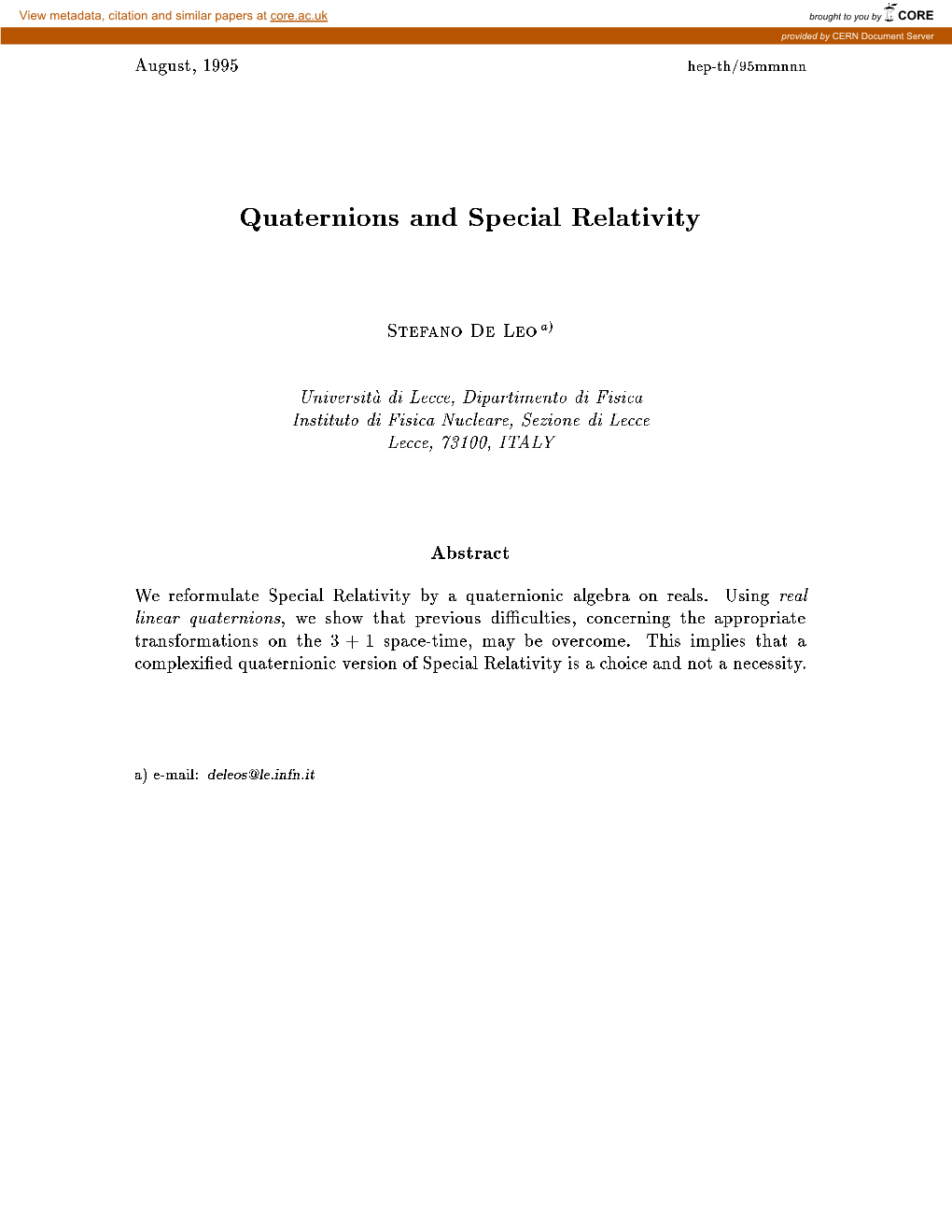 Quaternions and Special Relativity