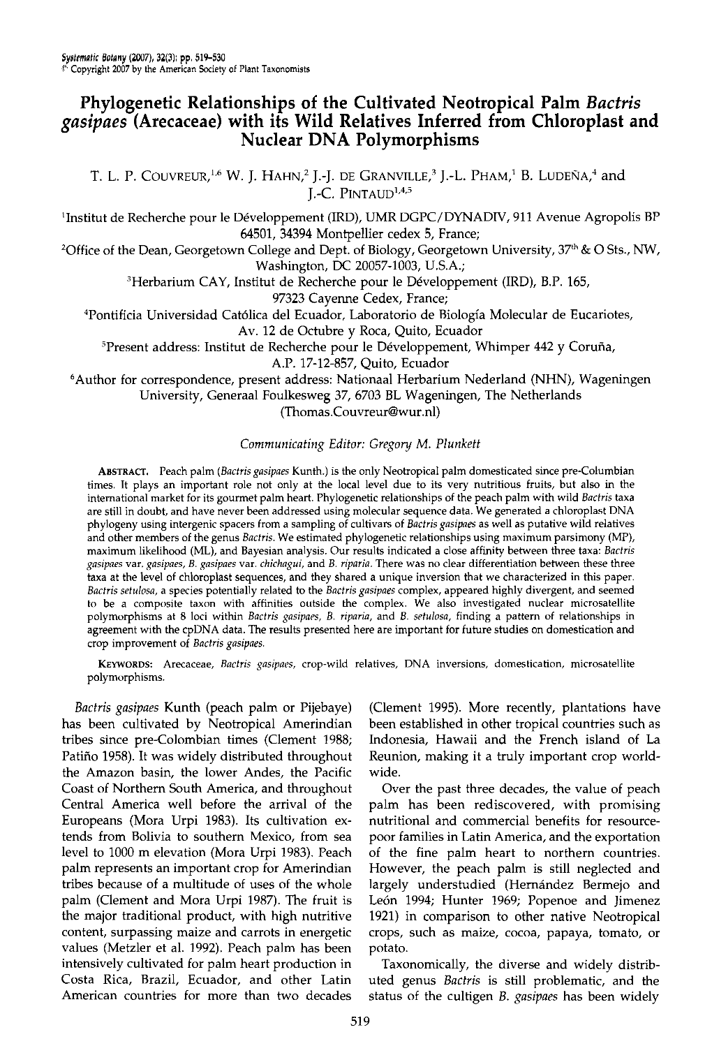 Phylogenetic Relationships of the Cultivated Neotropical Palm Bactris