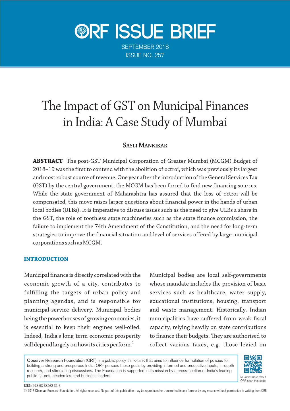 The Impact of GST on Municipal Finances in India: a Case Study of Mumbai