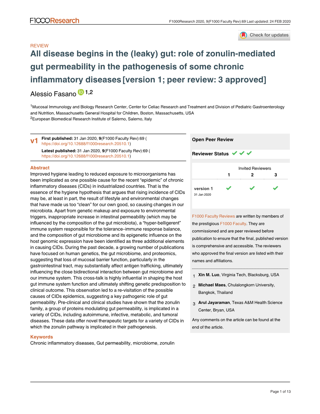 Role of Zonulin-Mediated Gut Permeability in the Pathogenesis of Some Chronic Inflammatory Diseases [Version 1; Peer Review: 3 Approved] Alessio Fasano 1,2