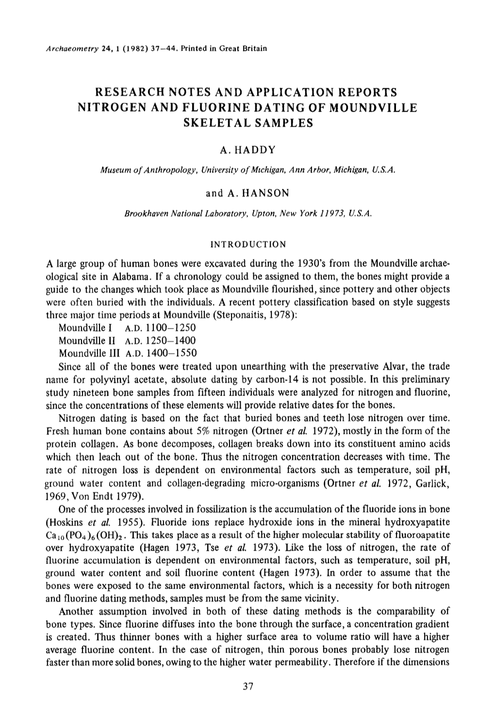 Research Notes and Application Reports Nitrogen and Fluorine Dating of Moundville Skeletal Samples