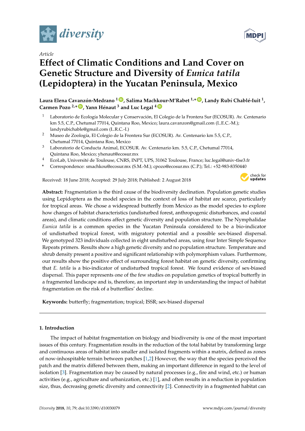 Effect of Climatic Conditions and Land Cover on Genetic Structure and Diversity of Eunica Tatila (Lepidoptera) in the Yucatan Peninsula, Mexico