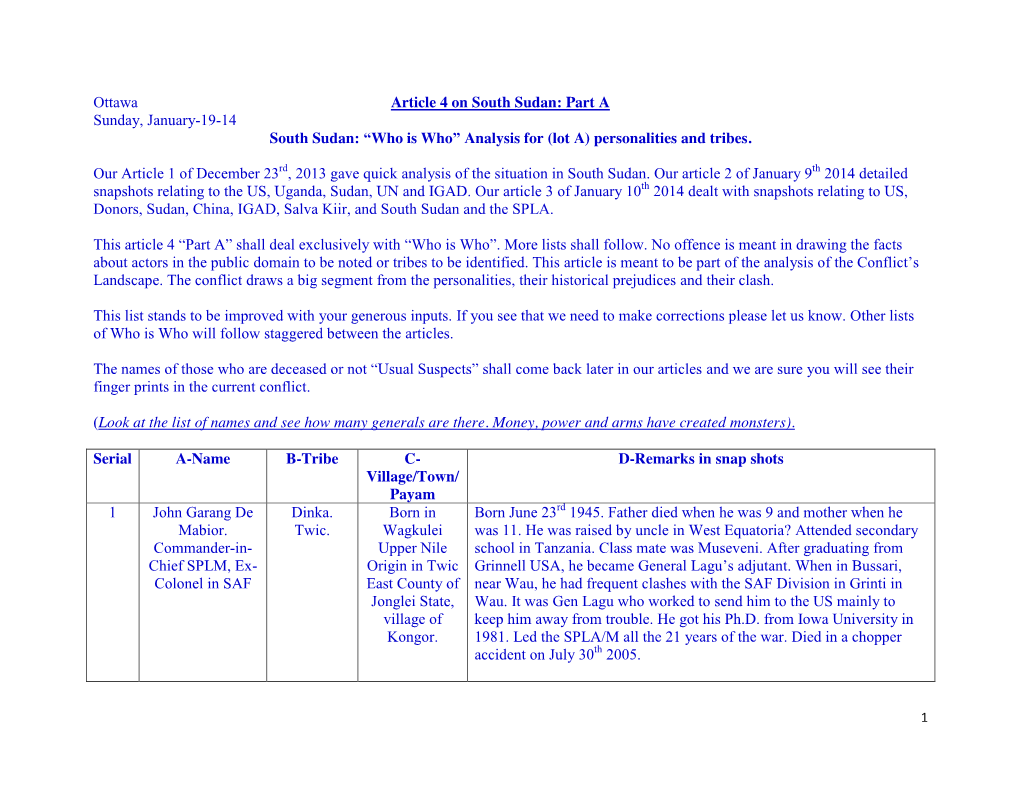 Ottawa Article 4 on South Sudan: Part a Sunday, January-19-14 South Sudan: “Who Is Who” Analysis for (Lot A) Personalities and Tribes