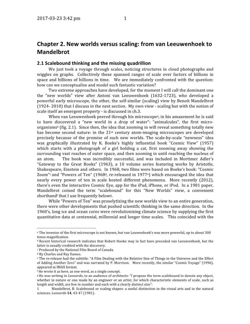 Chapter 2. New Worlds Versus Scaling: from Van Leeuwenhoek to Mandelbrot