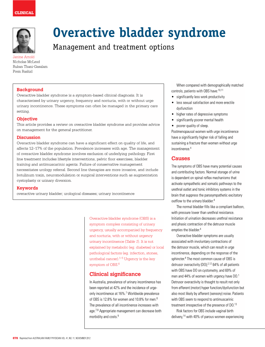 Overactive Bladder Syndrome Management and Treatment Options Janine Arnold Nicholas Mcleod Ruban Thani-Gasalam Prem Rashid