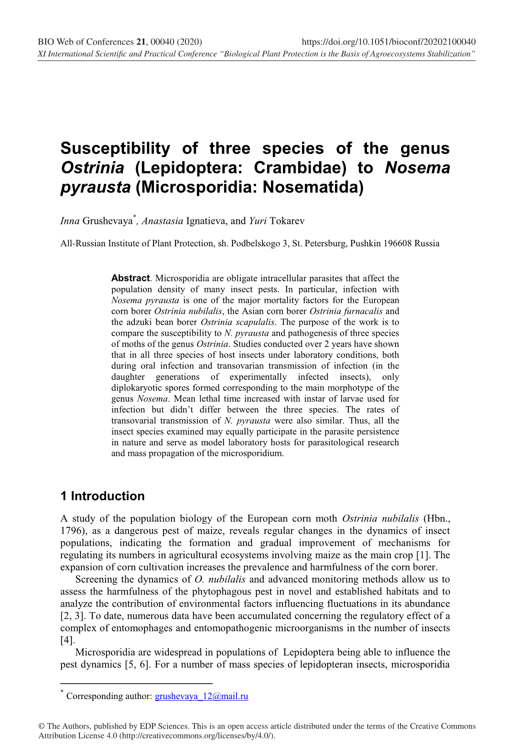 Susceptibility of Three Species of the Genus Ostrinia (Lepidoptera: Crambidae) to Nosema Pyrausta (Microsporidia: Nosematida)