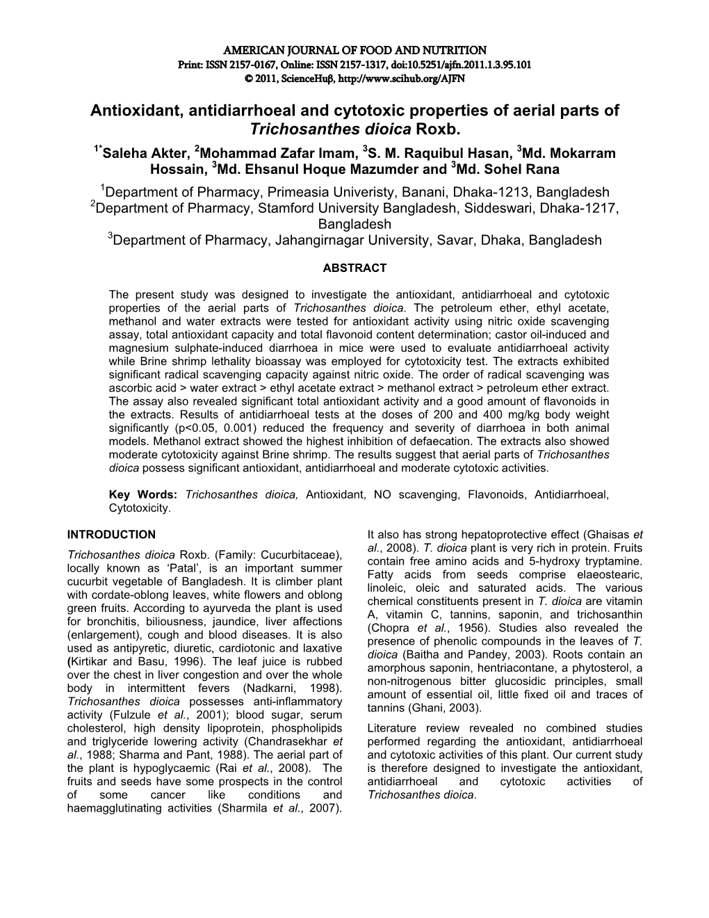 Antioxidant, Antidiarrhoeal and Cytotoxic Properties of Aerial Parts of Trichosanthes Dioica Roxb