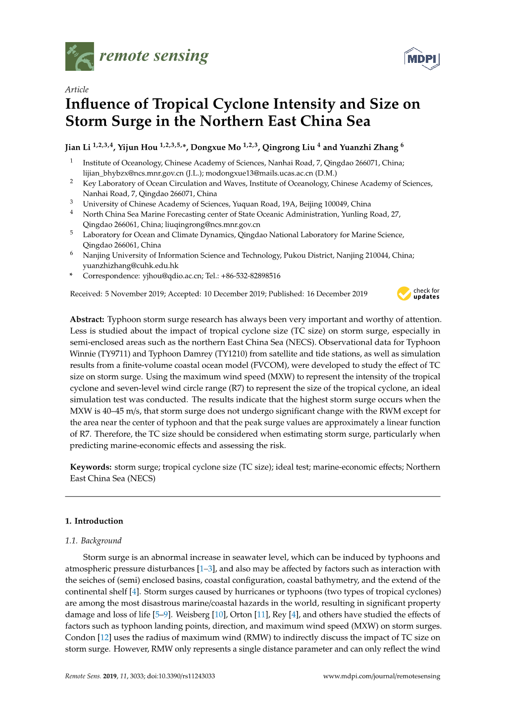 Influence of Tropical Cyclone Intensity and Size on Storm Surge in the Northern East China